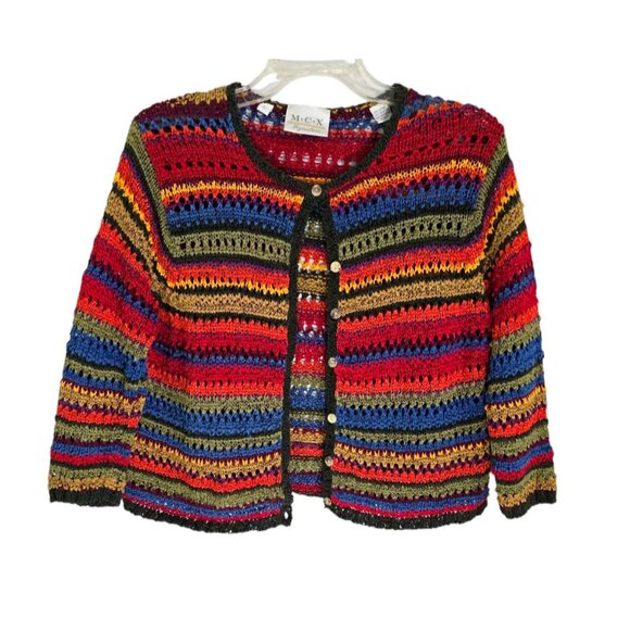 MCX Signature Womens Multicolor Striped Open Knit Cardigan‎ Button Front Size L - Picture 1 of 8